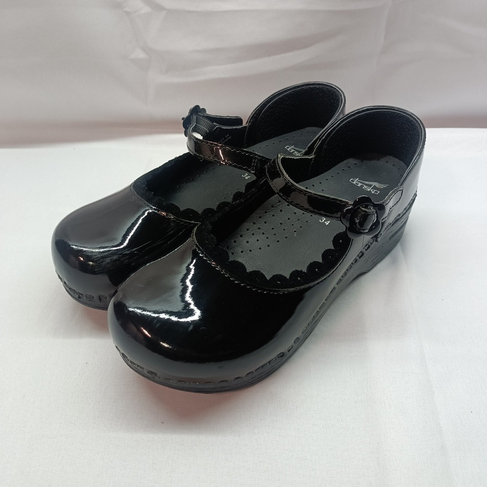 Dansko Kids Black Patent Leather Scalloped Mary Jane Clogs Shoes Size 34 US 3/4